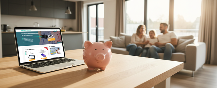 Sparschwein neben Laptop als Symbol für Einsparungen beim Telefonanbieter Wechselmit-sparschwein