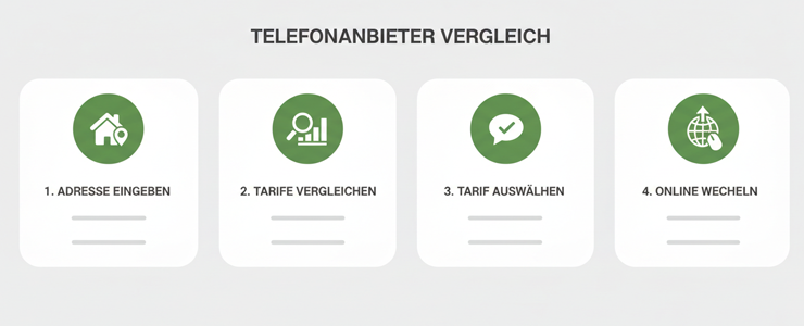 Schritt-für-Schritt Grafik zum Telefonanbieter Vergleich von Adresseingabe bis Online-Wechsel