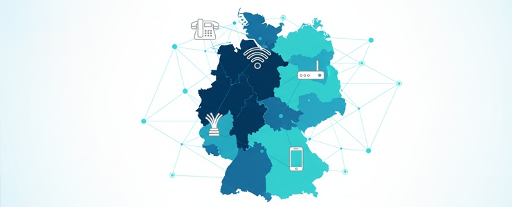 Übersicht Telefonanbieter in Deutschland mit Symbolen für Festnetz, Internet und Mobilfunk als moderne Netzgrafik